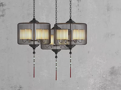 Lantern Design Chandeliers With Black Frame Yellow Light Red White Tassels On Grey Wall Background 3d model