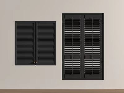 Black Double Window Shutters in Different Sizes Mounted on Light Colored Wall with Wooden Floor 3d model