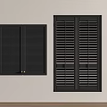 Black Double Window Shutters in Different Sizes Mounted on Light Colored Wall with Wooden Floor