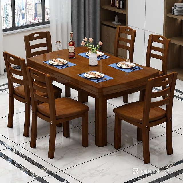 Solid Wood Rectangular Dining Table Set With High Back Chairs Tableware And Flowers 3d model