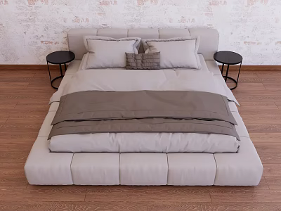 Minimalist Double Bed with Gray Bedding Pillows Black Side Tables Wooden Floor and Brick Wall 3d model