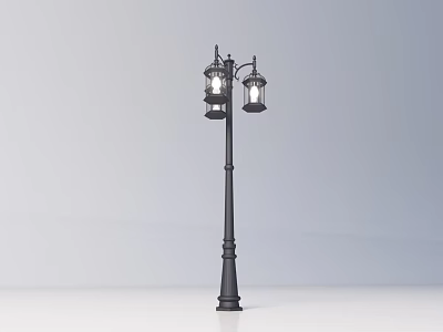 Classic Black Outdoor Street Light With Two Lanterns And Decorative Pole 3d model