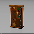 Red Wooden Cabinet With Multiple Shelves Holding Potted Plant Jars And Shoes