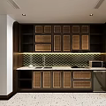 Modern Kitchen Interior With Woven Front Cabinets Tile Backsplash Upper Shelves And Microwave 3d model
