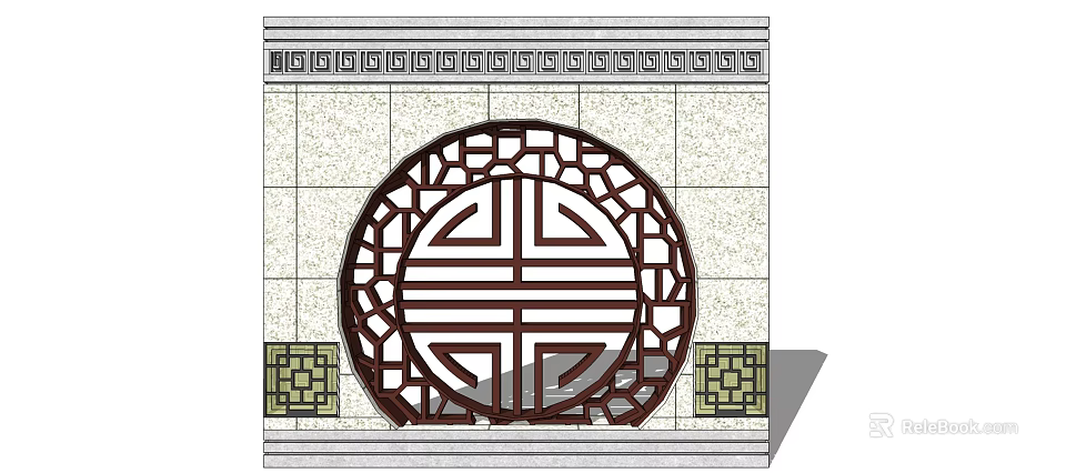 Traditional Chinese Scenic Wall With Circular Lattice Pattern And Decorative Border 3d model