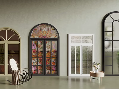 Diverse Designed Floor to Ceiling Windows with Arched Stained Glass Frames Rocking Chair and Flowers 3d model