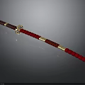 Traditional Chinese Weapon Long Staff With Red Beads White Decorations Golden Fittings And Blue Tip