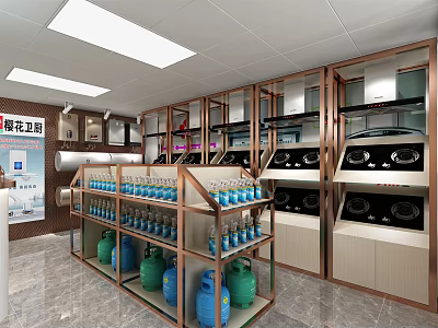 Specialty Store Modern Interior With Gas Stoves Gas Cylinders And Display Shelves 3d model