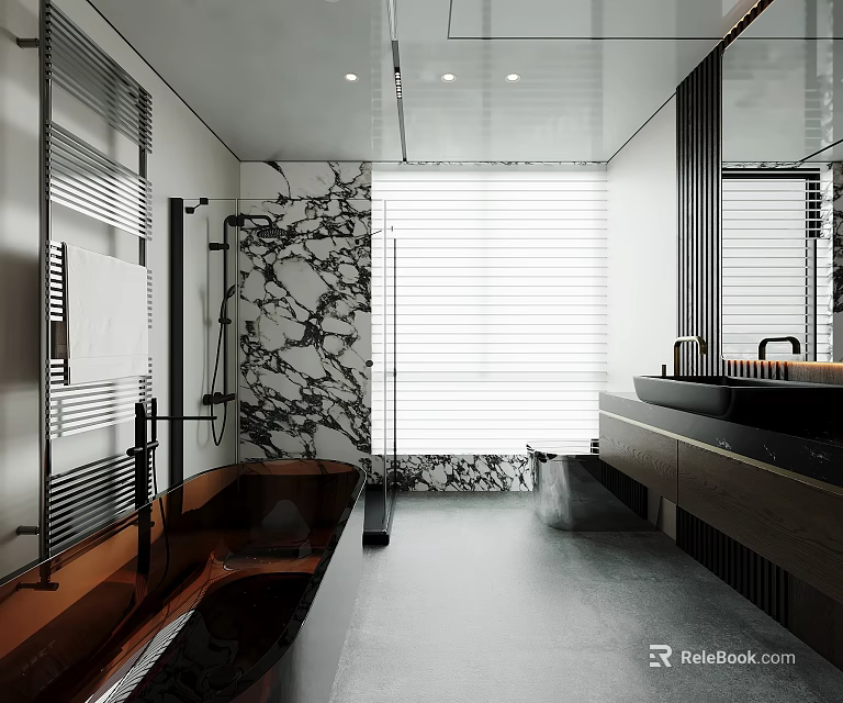 Modern Bathroom Interior With Marble Walls Bathtub Window Blinds And Black Vanity 3d model 