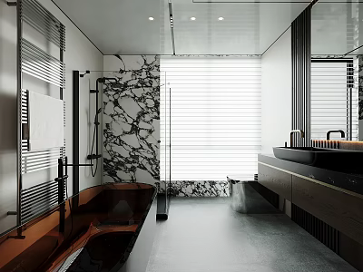 Modern Bathroom Interior With Marble Walls Bathtub Window Blinds And Black Vanity 3d model