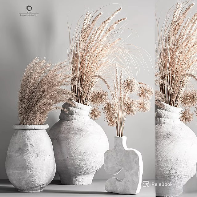 Decorative Ornament Set with Various Concrete Vases and Dried Natural Plants 3d model 