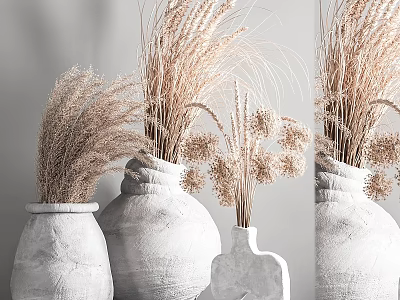 Decorative Ornament Set with Various Concrete Vases and Dried Natural Plants 3d model