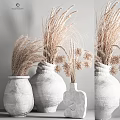 Decorative Ornament Set with Various Concrete Vases and Dried Natural Plants