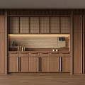 Modern Wooden Sideboard With Storage Cabinets Open Shelves And LED Lighting Decorative Plant And Containers