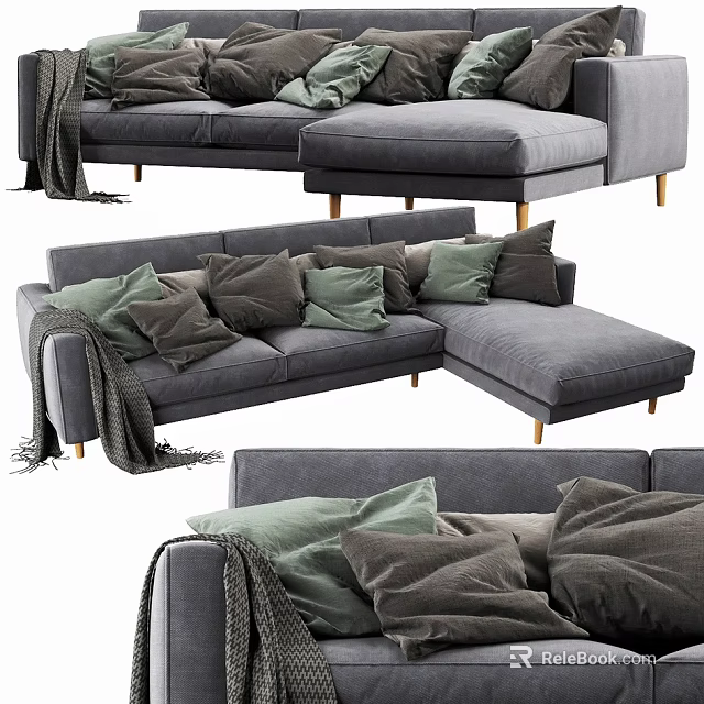 Modern Sectional Sofa with Gray Upholstery Green and Gray Cushions and Wooden Legs 3d model 