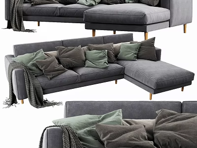 Modern Sectional Sofa with Gray Upholstery Green and Gray Cushions and Wooden Legs 3d model