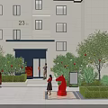Garden Landscape in Front of White Building with Green Trees Shrubs Red Sculpture and People