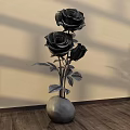 Elegant Floral Display Featuring Black Roses in Silver Vase on Wooden Floor with Shadow Effects