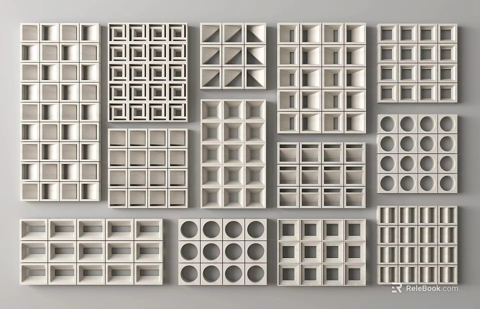 White Decorative Windows with Various Geometric Patterns Arranged on Gray Background 3d model