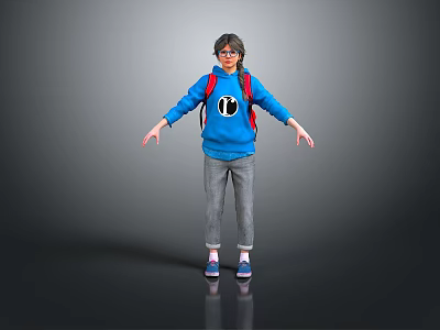 Woman wearing blue hoodie with headphone graphic red backpack gray pants purple shoes gray background 3d model