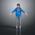 Woman wearing blue hoodie with headphone graphic red backpack gray pants purple shoes gray background