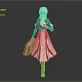 3D Model Blonde Haired Character In Blue White Outfit With Brown Suitcase And Red Boots