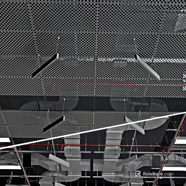 Exposed Metal Pipes In Perforated Industrial Ceiling With Grid Design Structure 3d model