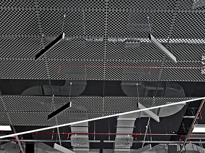 Exposed Metal Pipes In Perforated Industrial Ceiling With Grid Design Structure 3d model