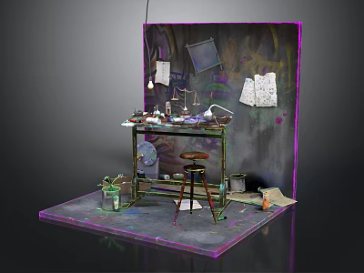 Creative Artisan Workbench Setup With Tools Papers Stool And Paint Bucket 3d model