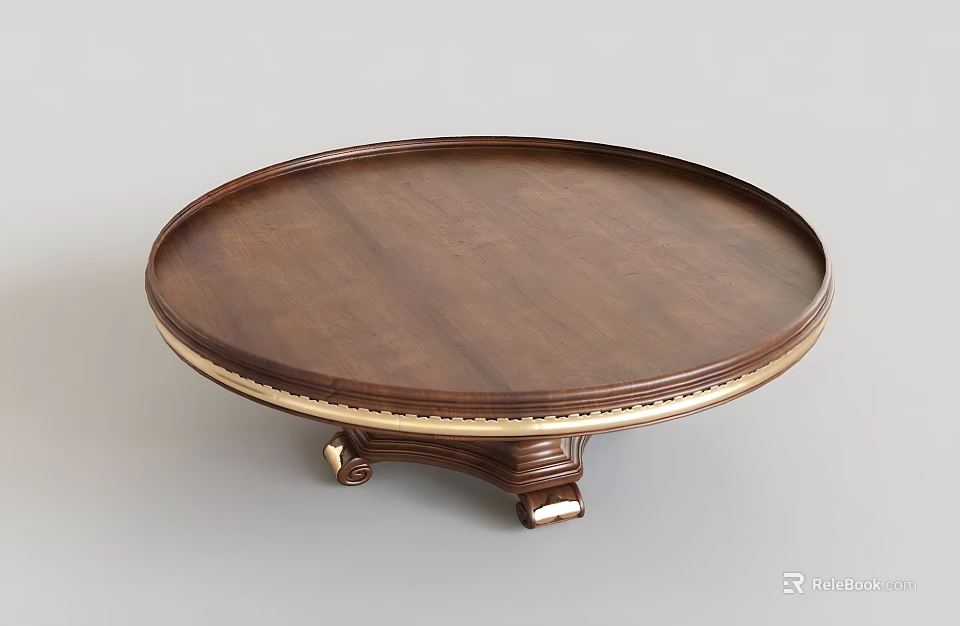 Round Dark Wood Coffee Table With Golden Trim And Intricate Carved Base 3d model 