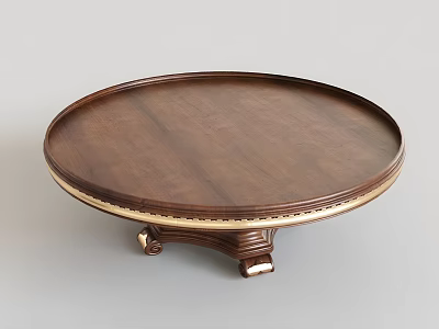 Round Dark Wood Coffee Table With Golden Trim And Intricate Carved Base 3d model