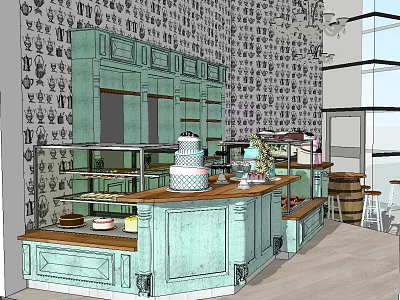 Green Display Shelves With Cakes And Pastries In Open Space With Patterned Wallpaper 3d model
