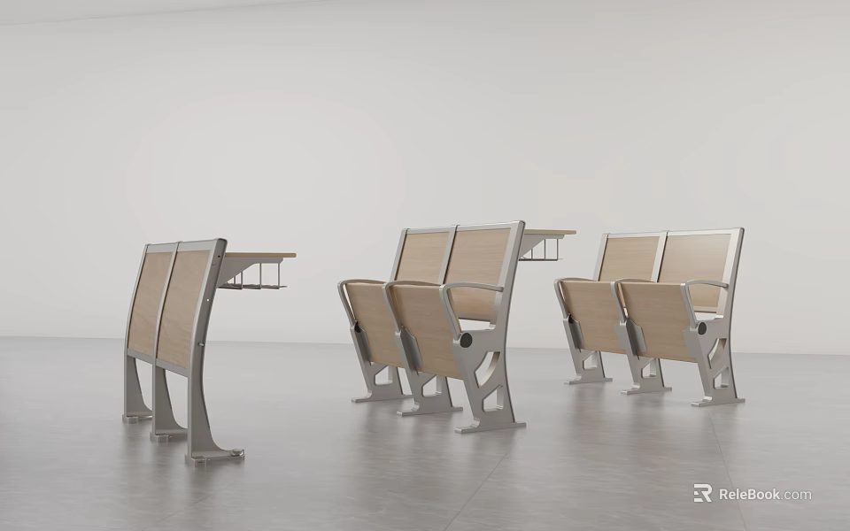 Modern Public Chairs With Metal Frames And Wooden Seats In Indoor Space 3d model 