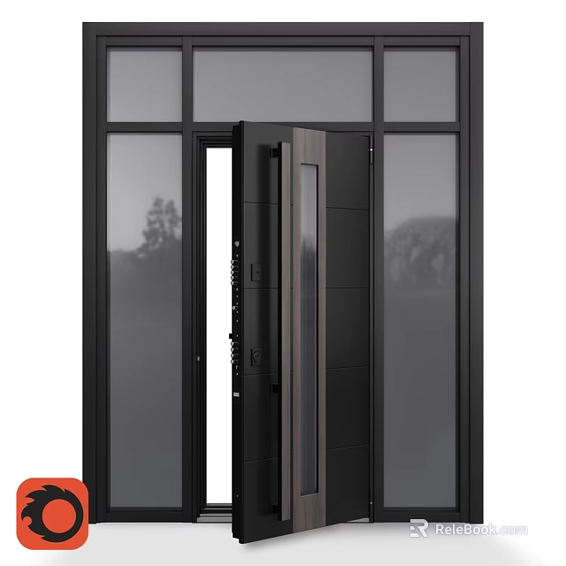 Modern Black Swing Door With Glass Panels And Metal Handle For Home Entrance 3d model 