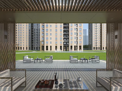 Indoor View of Courtyard Garden With Outdoor Furniture Lawn Paved Flooring and High Rise Buildings 3d model