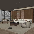 Modern Living Room Interior With Wooden Wall Beige Sofa Round Coffee Table And Floor Lamp