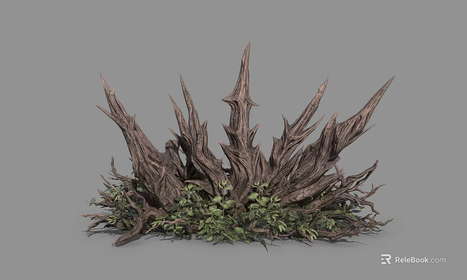 Natural Scene With Sharp Forked Dead Wood And Green Plants At Base 3d model 