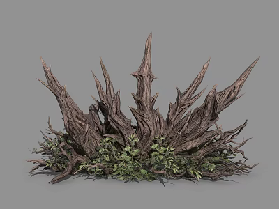 Natural Scene With Sharp Forked Dead Wood And Green Plants At Base 3d model