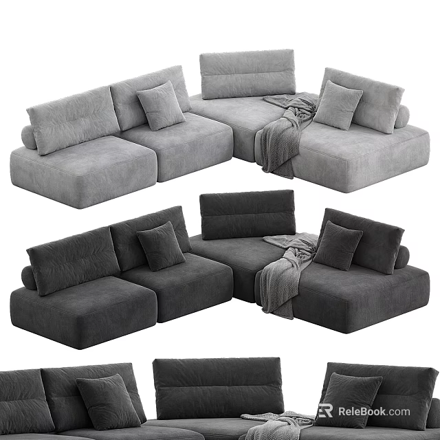 Modern L Shaped Sectional Sofa With Soft Cushions Throw Blanket And Color Options 3d model 