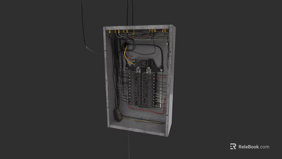Interior Electrical Panel With Circuit Breakers And Wires Mounted On Wall 3d model 