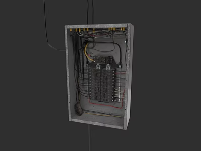 Interior Electrical Panel With Circuit Breakers And Wires Mounted On Wall 3d model