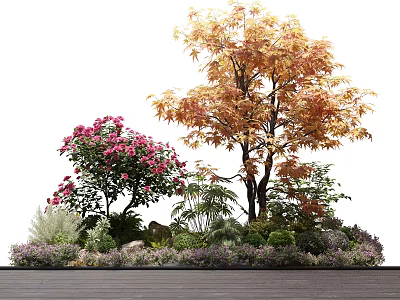 Beautiful Pink Flowers and Orange Leaf Tree with Green Plants Purple Blooms on Wooden Floor 3d model
