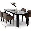 Black Marble Top Dining Table Set With Brown Chairs And Decorative Vase 3d model