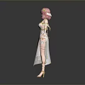 Cute Child With Pink Hair Wearing White Dress And Golden Details In Standing Pose