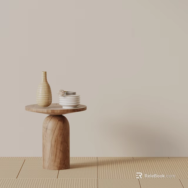Wooden Side Table With Cylindrical Base Round Top And Striped Vase White Plates 3d model 