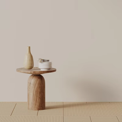 Wooden Side Table With Cylindrical Base Round Top And Striped Vase White Plates 3d model
