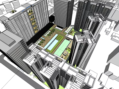 Modern Urban Commercial Complex with High Rise Buildings and Central Green Plaza 3d model