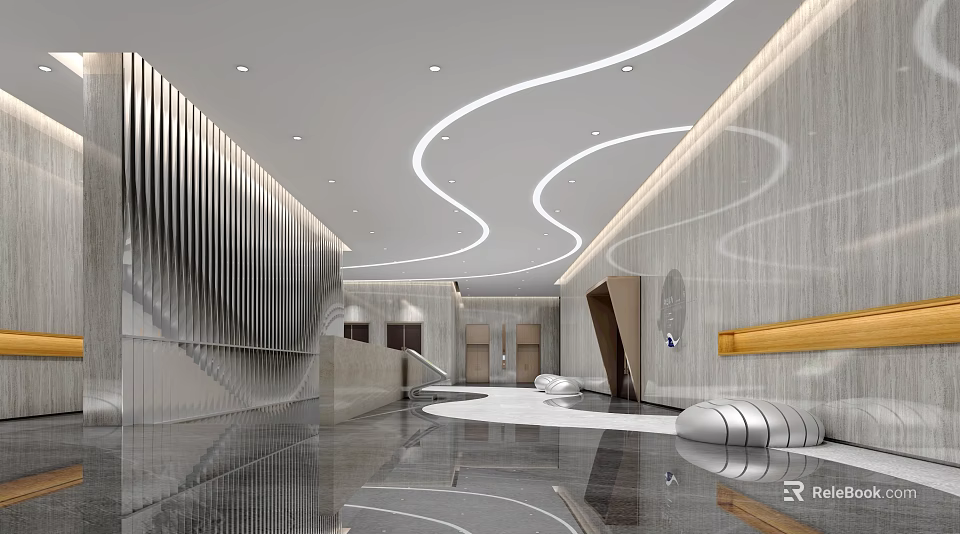 Modern Front Desk Reception Area With Curved Lighting Marble Walls Sleek Counter And Seating 3d model 