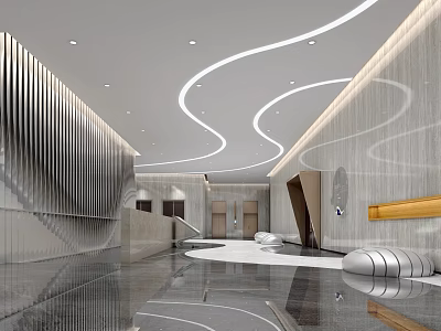 Modern Front Desk Reception Area With Curved Lighting Marble Walls Sleek Counter And Seating 3d model