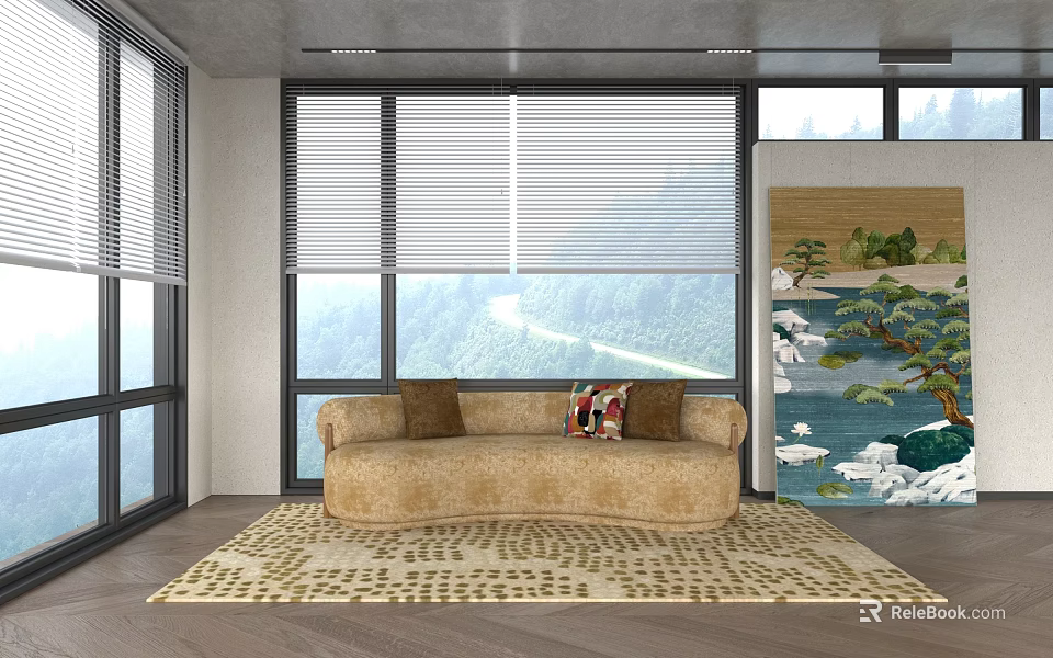 Beige Sectional Sofa with Large Windows Mountain View Patterned Rug and Chinese Landscape Painting 3d model 